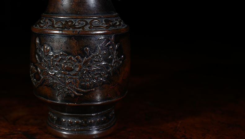 日本本间琢斋四代斑紫铜小花瓶- 有茶有器